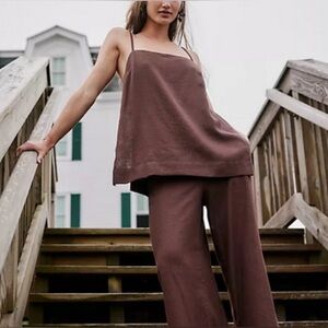 Free People Sightseer Linen Co-Ord Chocolate Fondant Top+Pants
